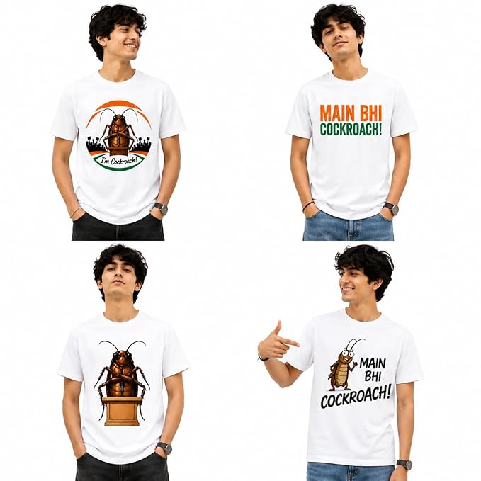Main Bhi Cockroach Graphic Printed Regular T-Shirt for Men & Women, CJP Statement Graphic Tee, Different Designs, Gen Z Cockroach Print Graphic White T-Shirt