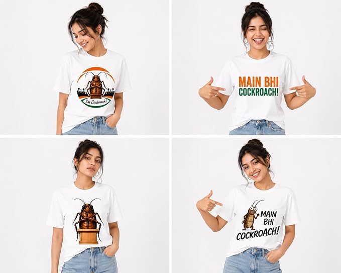 Main Bhi Cockroach Graphic Printed Regular T-Shirt for Men & Women, CJP Statement Graphic Tee, Different Designs, Gen Z Cockroach Print Graphic White T-Shirt