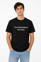 Black t-shirt with customizable text on a white background