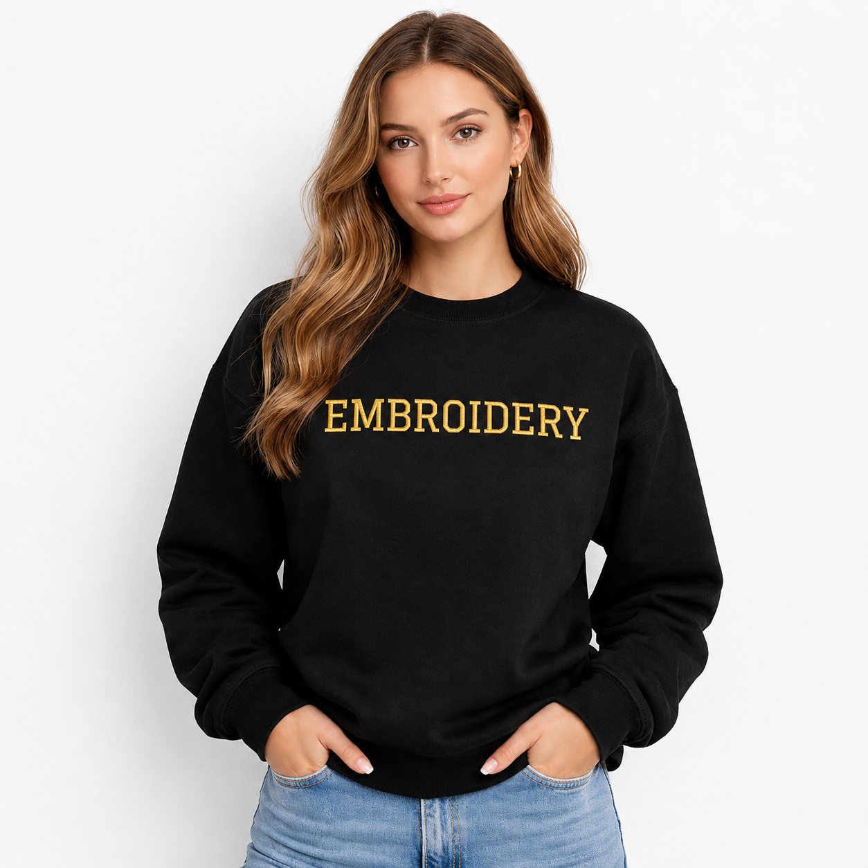 Personalized Embroidered Black Unisex Sweatshirts, Custom Sweatshirts For Everyone, Font & Back Embroidery, Regular Fit, Design your Pullover, Different Placements For Text, Embroidered Quotes
