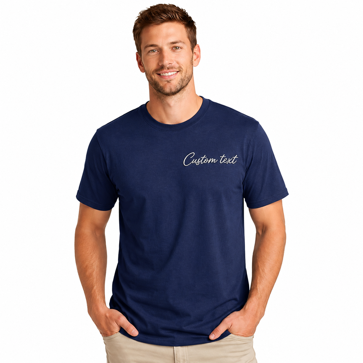 Customized Embroidery T-Shirts for Men & Women, Choose Phrase, Font and Embroidery Thread Color, Random Quotes or Text, Different T-Shirts Colors, Round Neck Half Sleeves Tee, Pure Cotton Regular Fit, Front & Back Embroidery