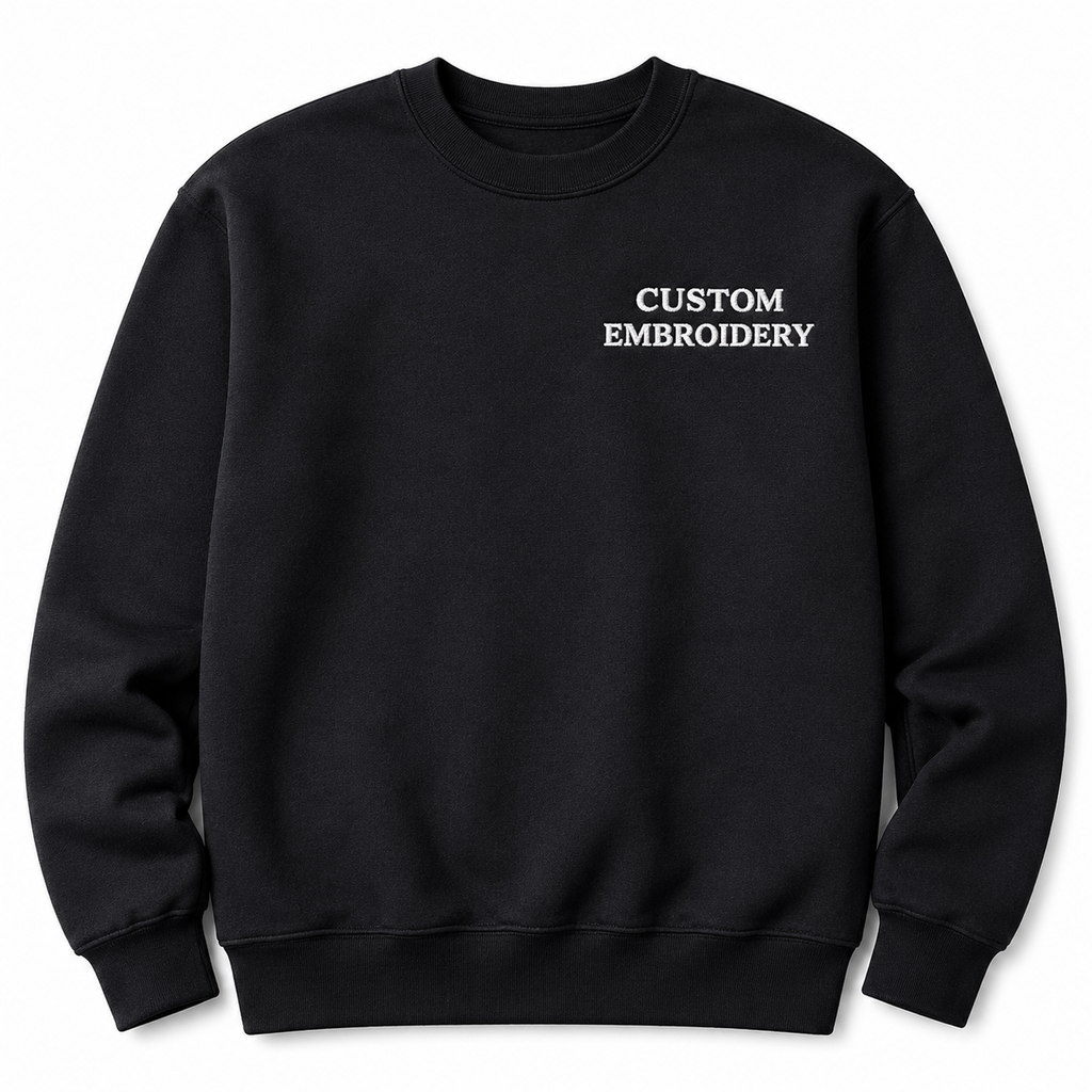Custom Embroidery Unisex Black Sweatshirts, Pure Cotton Regular Fit, Choose Phrase, Font and Embroidery Thread Color for Any Occasion, Minimal Chest Embroidery, Different Placement of Text, Design Your Text
