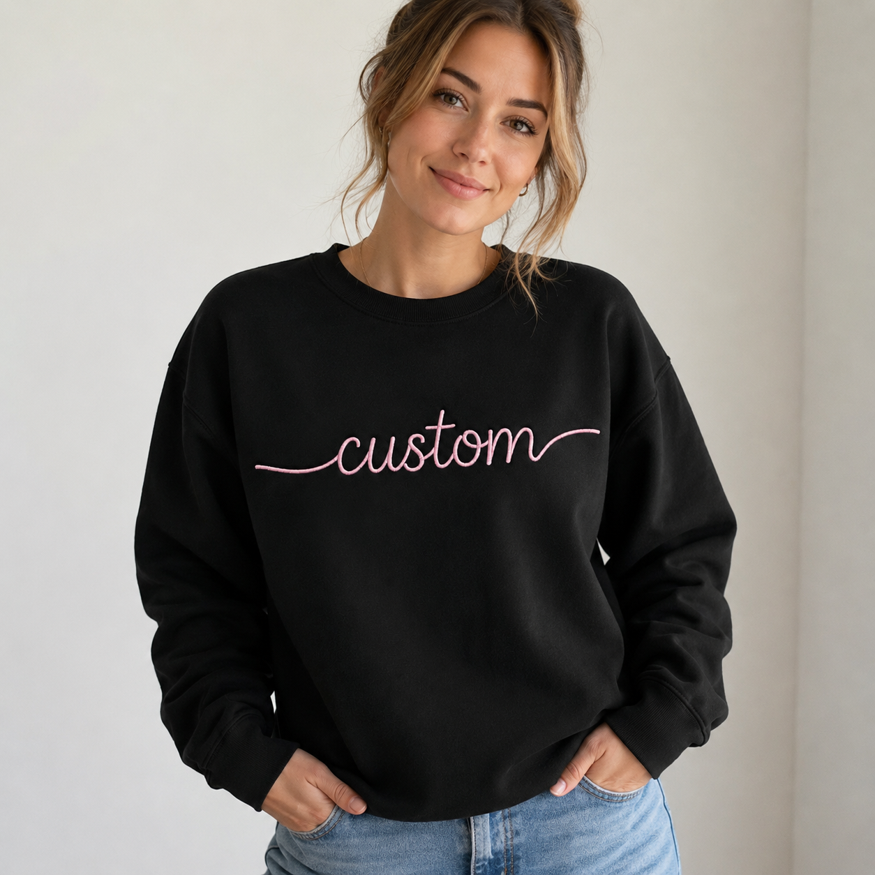 Custom Embroidered Black Sweatshirt for Women & Men, Personalized Crewneck Pullover, Front & Back Embroidery, Multiple Thread Color Options, Design Your Pullover, Ideal For unisex Gift Apparel