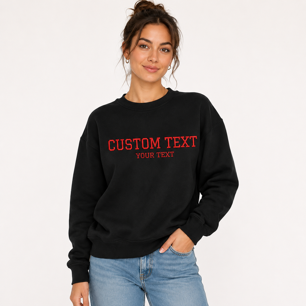 Customized Embroidery Text Unisex Black Sweatshirt, Choose Phrase, Font and Embroidery Thread Colorn, Regular Fit, Different Sizes, Personalized Gift Apparel, Minimal Chest Embroidery