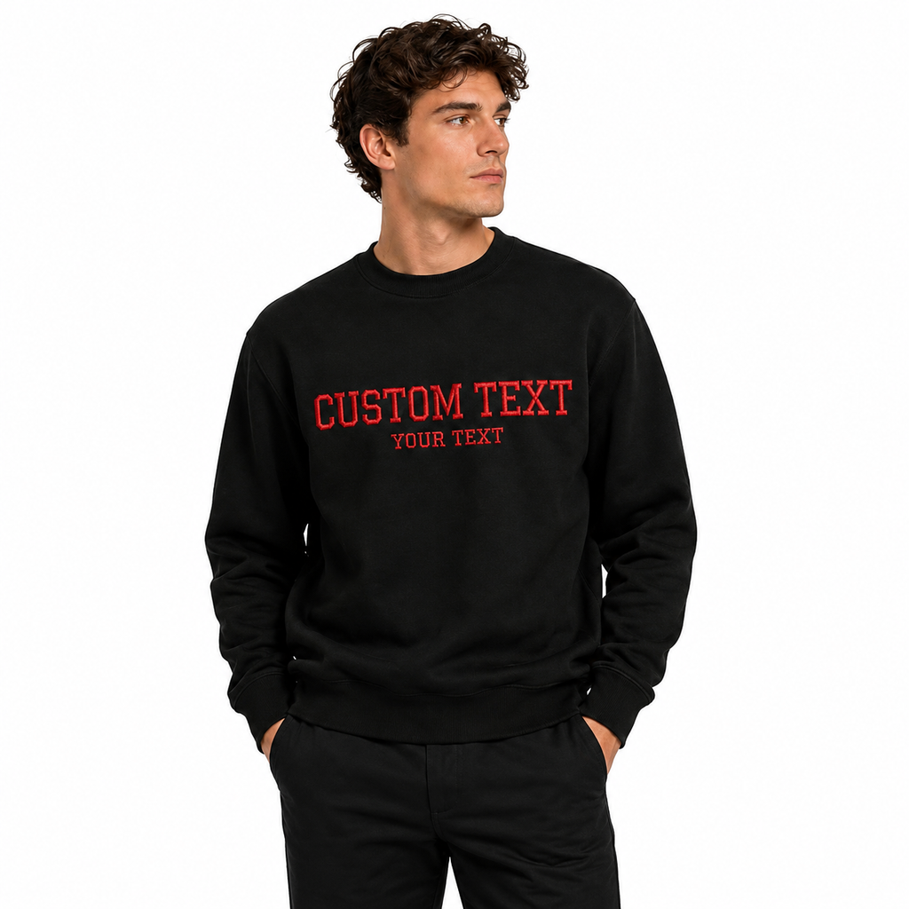Customized Embroidery Text Unisex Black Sweatshirt, Choose Phrase, Font and Embroidery Thread Colorn, Regular Fit, Different Sizes, Personalized Gift Apparel, Minimal Chest Embroidery