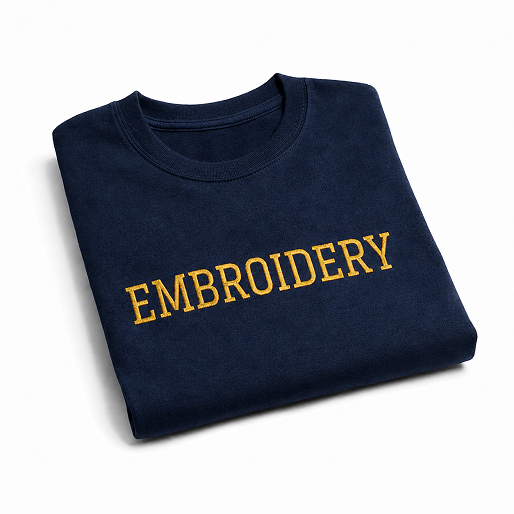 Folded navy blue sweatshirt with 'EMBROIDERY' in yellow text on a white background