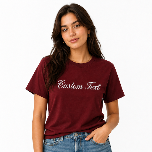 Custom Text Embroidery Tee, Short Sleeve Crewneck T-Shirts, 100% Pure Cotton, Regular Fit, Design Your Random Text in Full Embroidery