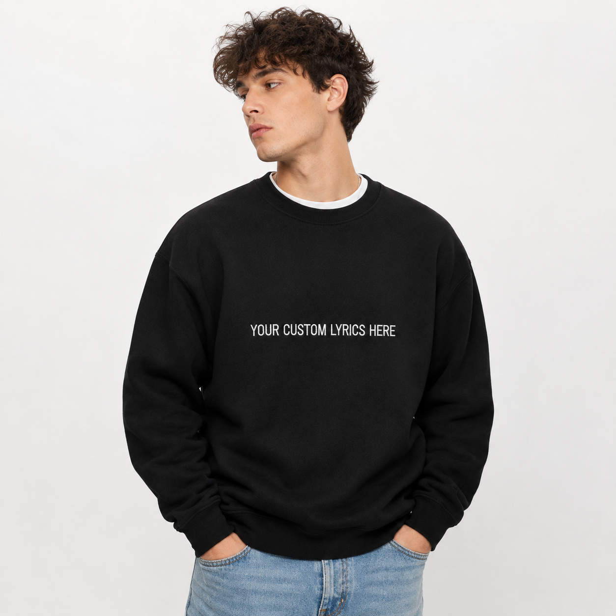 Custom Lyrics Embroidered Black Sweatshirt, Personalized Minimalist Crewneck Pullover for Men & Women