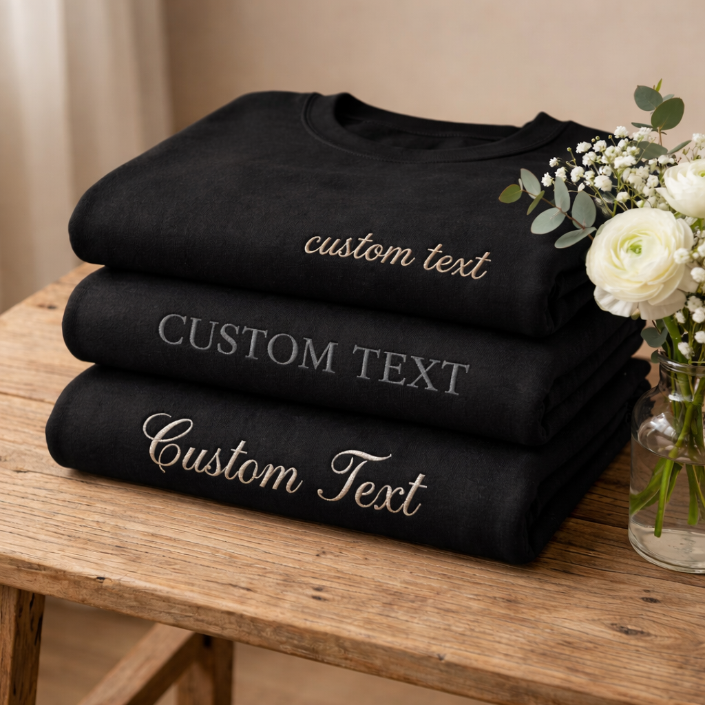 Custom Embroidered Black Sweatshirt, Personalized Text Crewneck with Visible Thread Texture, Front & Back Embroidery Design, Different Font With the Different Thread Colors