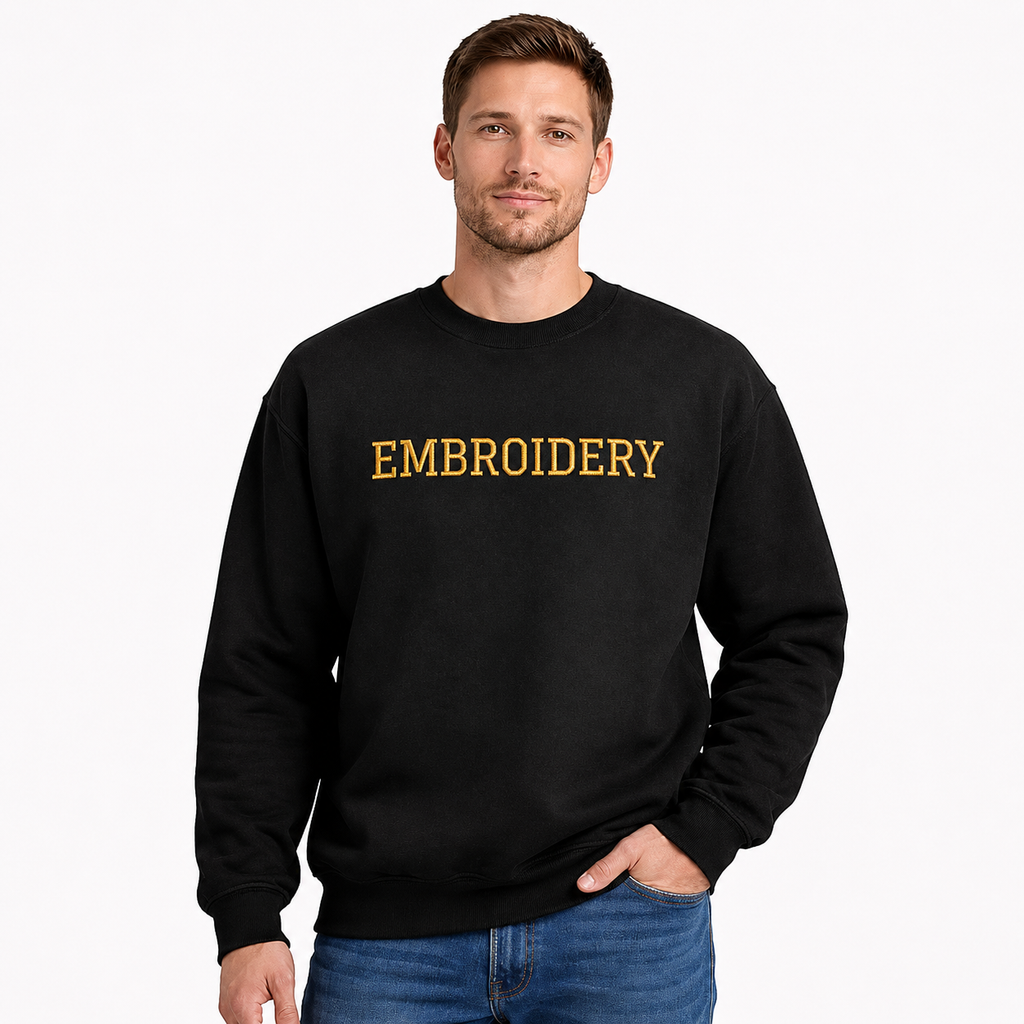 Personalized Embroidered Black Unisex Sweatshirts, Custom Sweatshirts For Everyone, Font & Back Embroidery, Regular Fit, Design your Pullover, Different Placements For Text, Embroidered Quotes