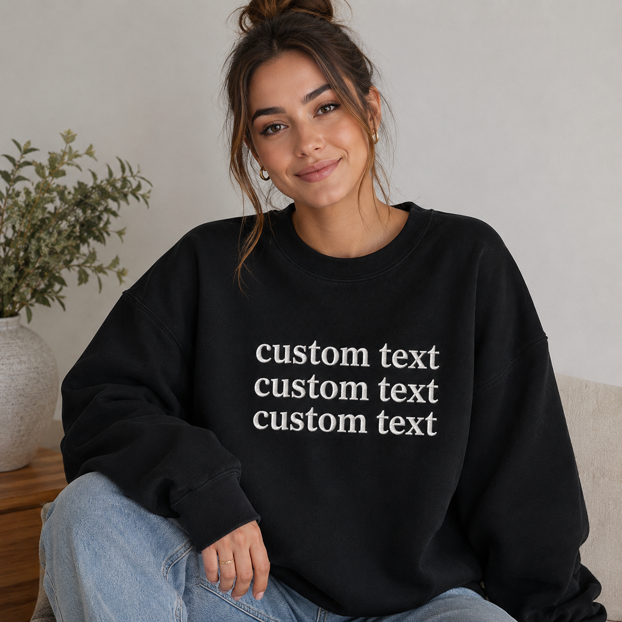 Custom Embroidered Black Sweatshirt, Personalized Text Crewneck with Visible Thread Texture, Front & Back Embroidery Design, Different Font With the Different Thread Colors