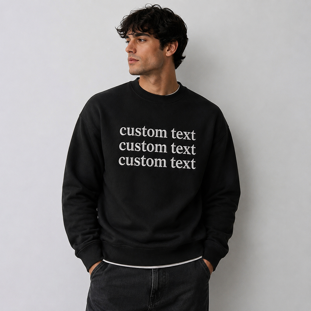 Custom Embroidered Black Sweatshirt, Personalized Text Crewneck with Visible Thread Texture, Front & Back Embroidery Design, Different Font With the Different Thread Colors