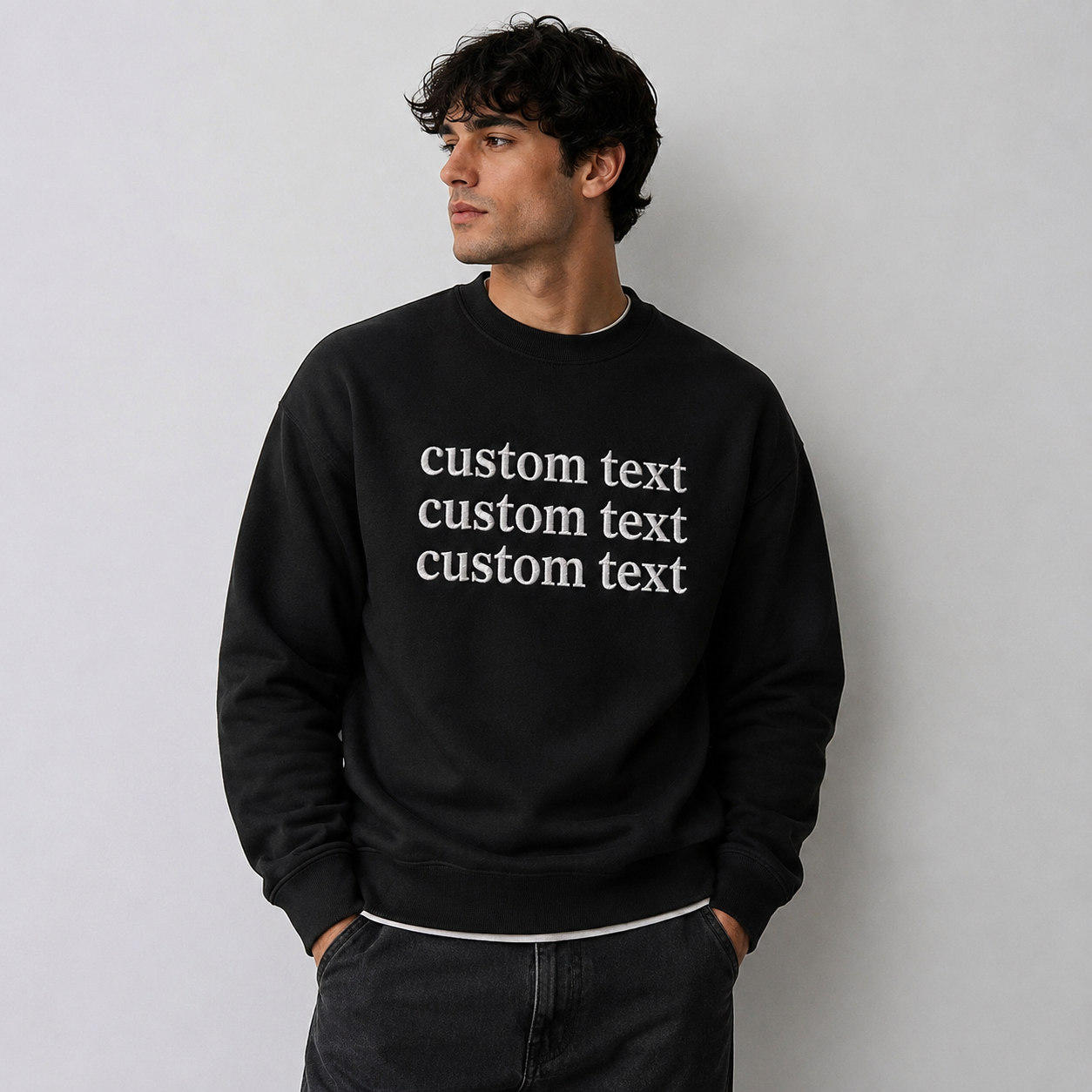 Custom Embroidered Black Sweatshirt, Personalized Text Crewneck with Visible Thread Texture, Front & Back Embroidery Design, Different Font With the Different Thread Colors