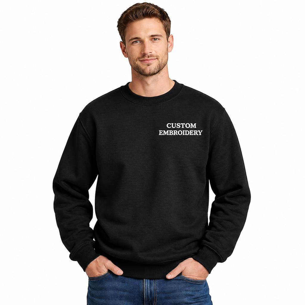 Custom Embroidery Unisex Black Sweatshirts, Pure Cotton Regular Fit, Choose Phrase, Font and Embroidery Thread Color for Any Occasion, Minimal Chest Embroidery, Different Placement of Text, Design Your Text