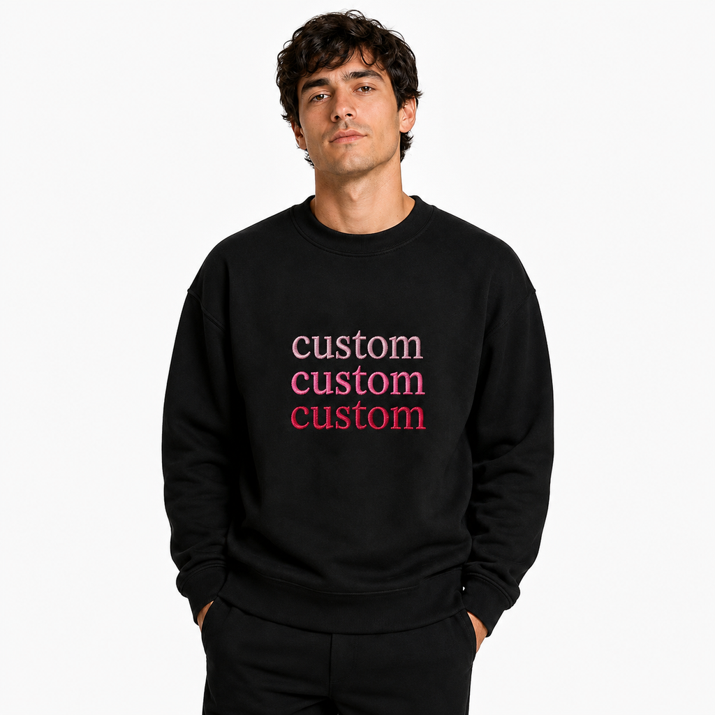 Personalized Unisex Black Embroidered Sweatshirts, Choose Phrase, Font and Embroidery Thread Color for Any Occasion, Minimal Chest Embroidery, Different Placement of Text, Design your Pullover, Fron & Back Text Options