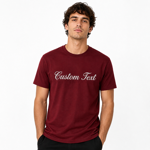 Custom Text Embroidery Tee, Short Sleeve Crewneck T-Shirts, 100% Pure Cotton, Regular Fit, Design Your Random Text in Full Embroidery