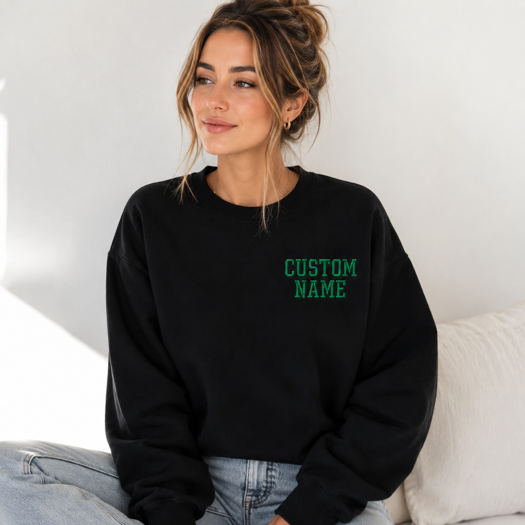 Custom Embroidered Name Sweatshirt for Men & Women – Personalized Black Crewneck Pullover, Custom Text Sweatshirt, Minimalist Couple Gift, Unisex Cozy Fleece Sweatshirt, Design your Pullover