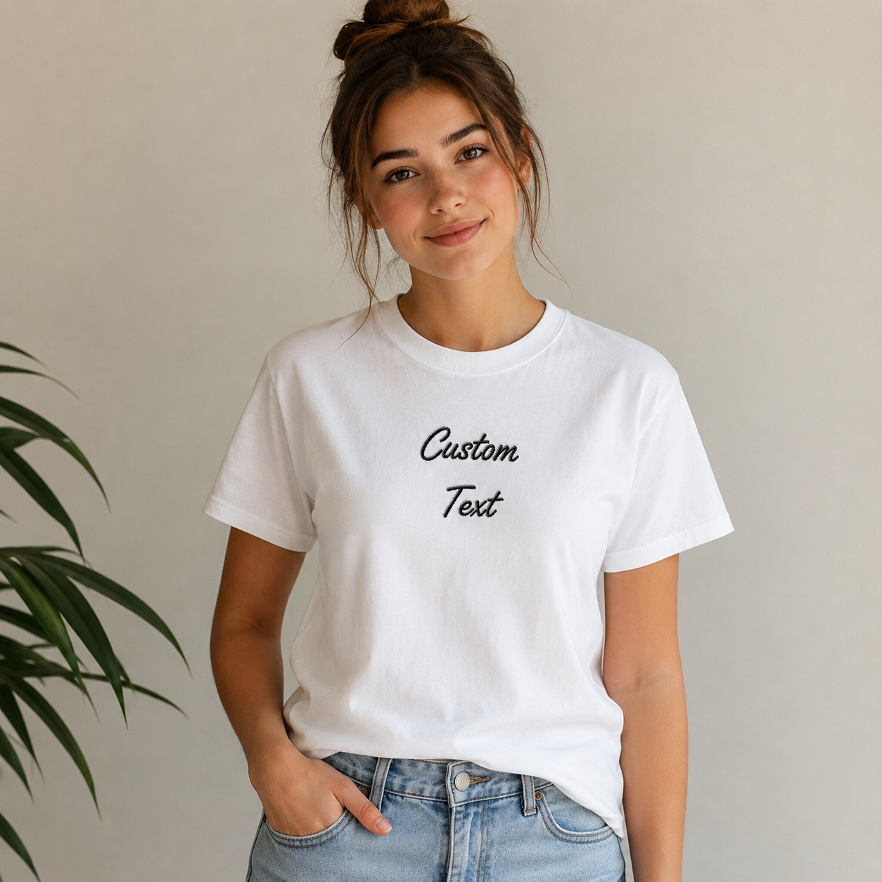 Customized Crewneck T-Shirt with Embroidery Text, Company Name, Personalized 100% Cotton Half Sleeve Unisex Tshirt, Regular Fit, Embroidery Gift Apparel, Add Your Custom Text Name, Different Placements for Text