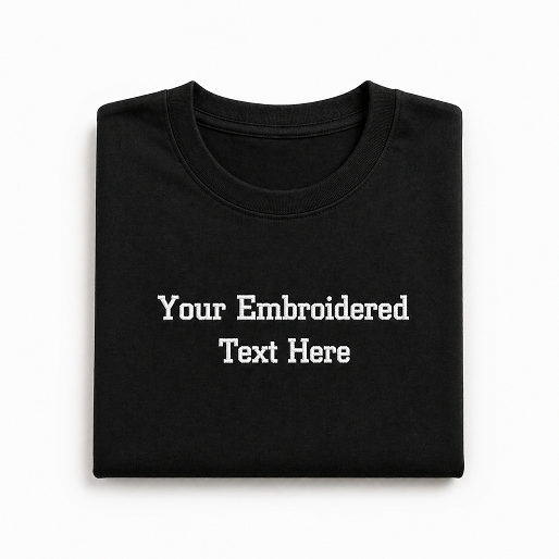 Black folded t-shirt with customizable text on a white background