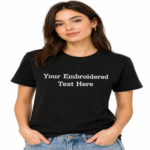 Black t-shirt with customizable text worn by a model on a white background