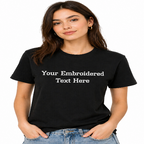 Black t-shirt with customizable text worn by a model on a white background